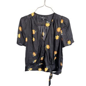 Madewell Women's size XS Black Yellow Floral Wrap V Neck Blouse Top
